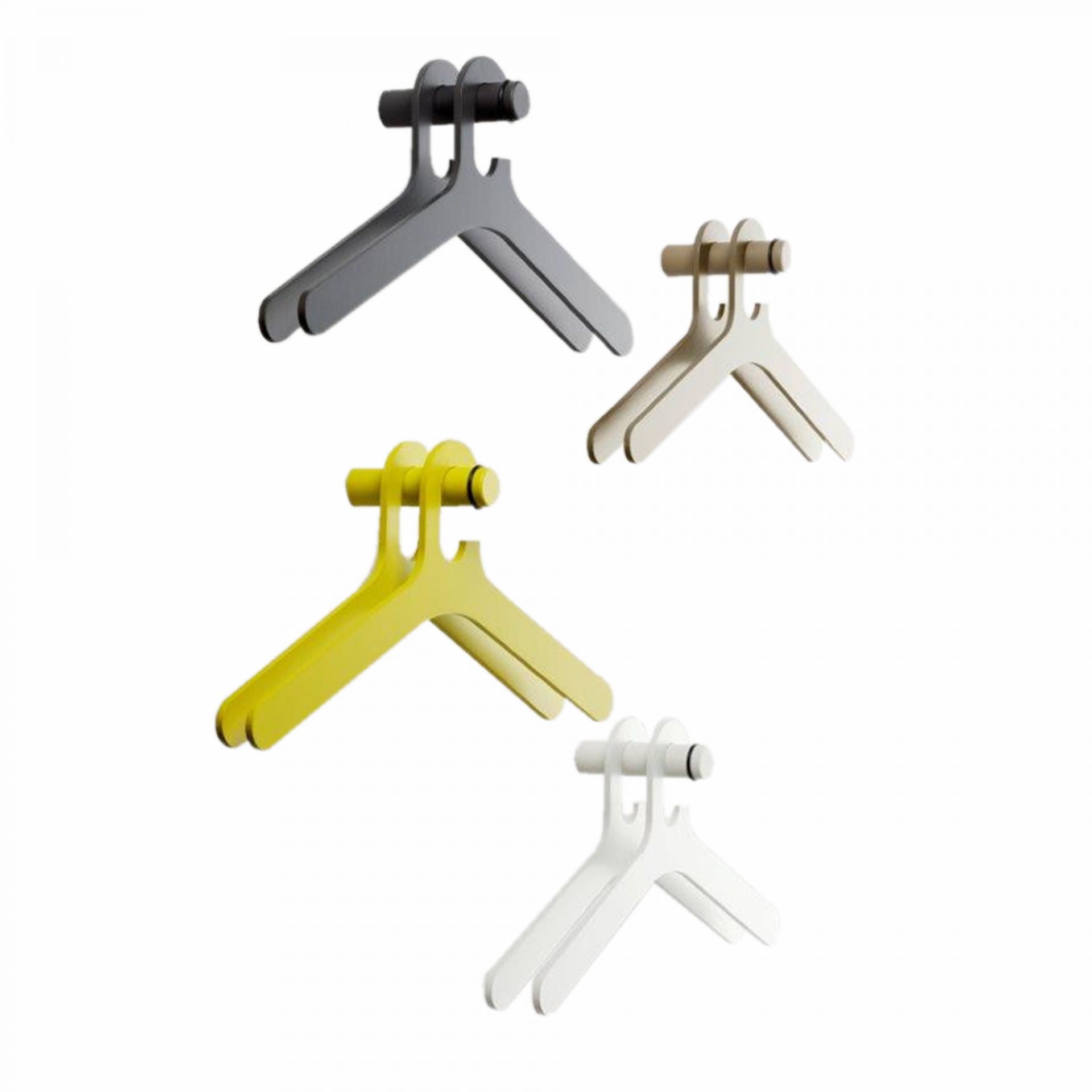 Cascando Pole Kleiderbügel in Grau, Beige, Gelb und Weiß für stilvolle Garderobenlösungen.